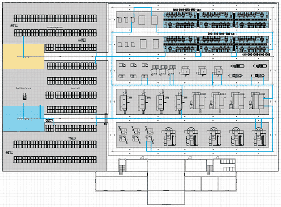 Detaillayout mit Transportwegen vor Layoutoptimierung