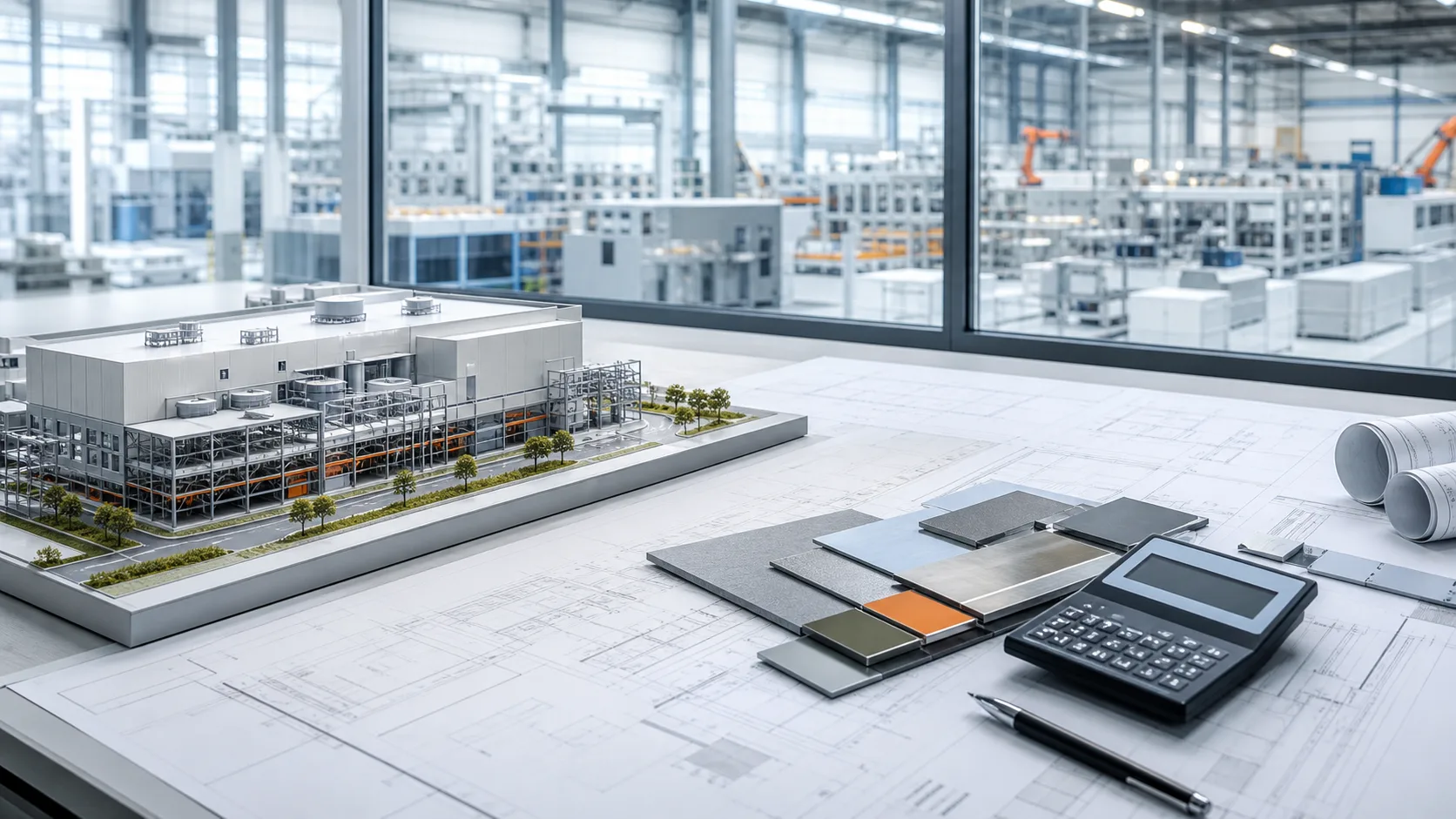 Architectural model of a factory on construction drawings, next to material samples, a calculator and a pen