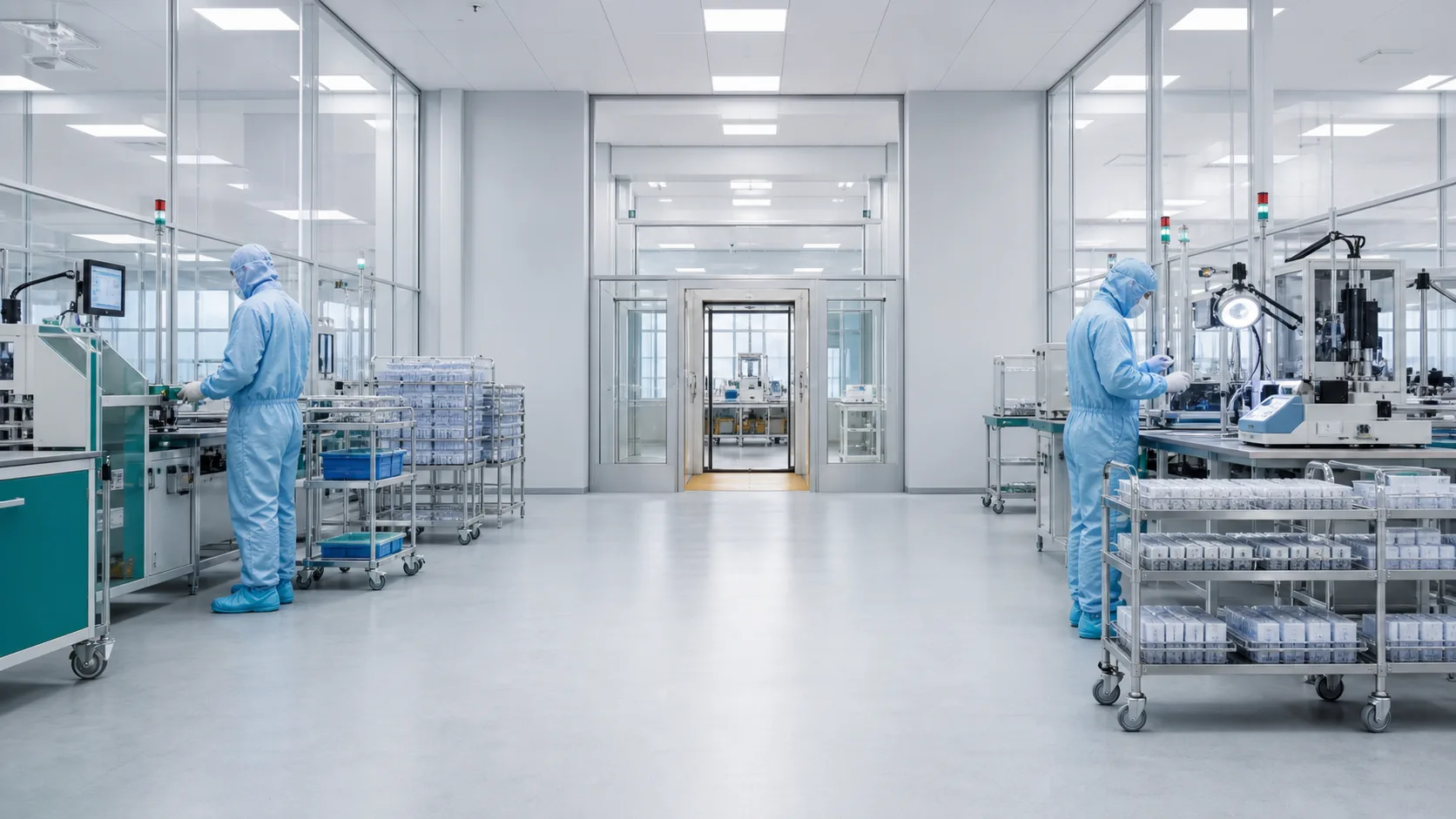 Cleanroom with glass walls: two people in blue cleanroom suits work at assembly stations, with trolleys of components in front