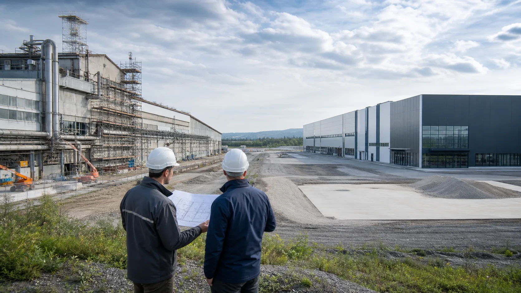 Two planners with a drawing between a scaffolded existing building on the left and a new hall on open land on the right