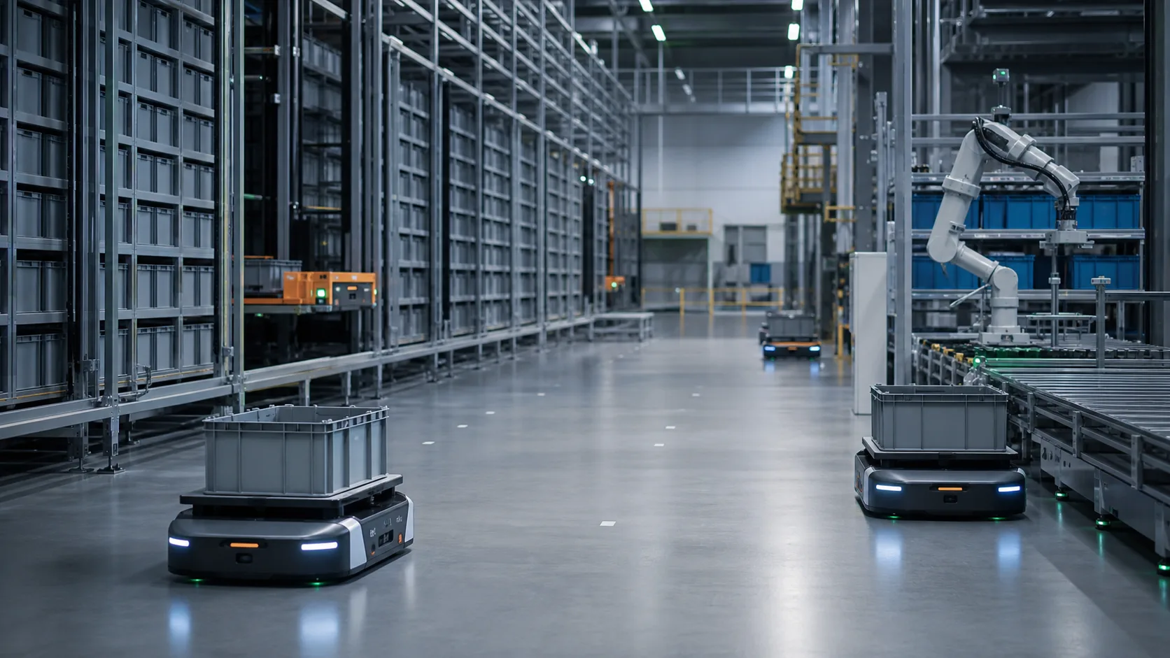 Automated warehouse with bin racking, mobile transport robots and a robot arm at the conveyor