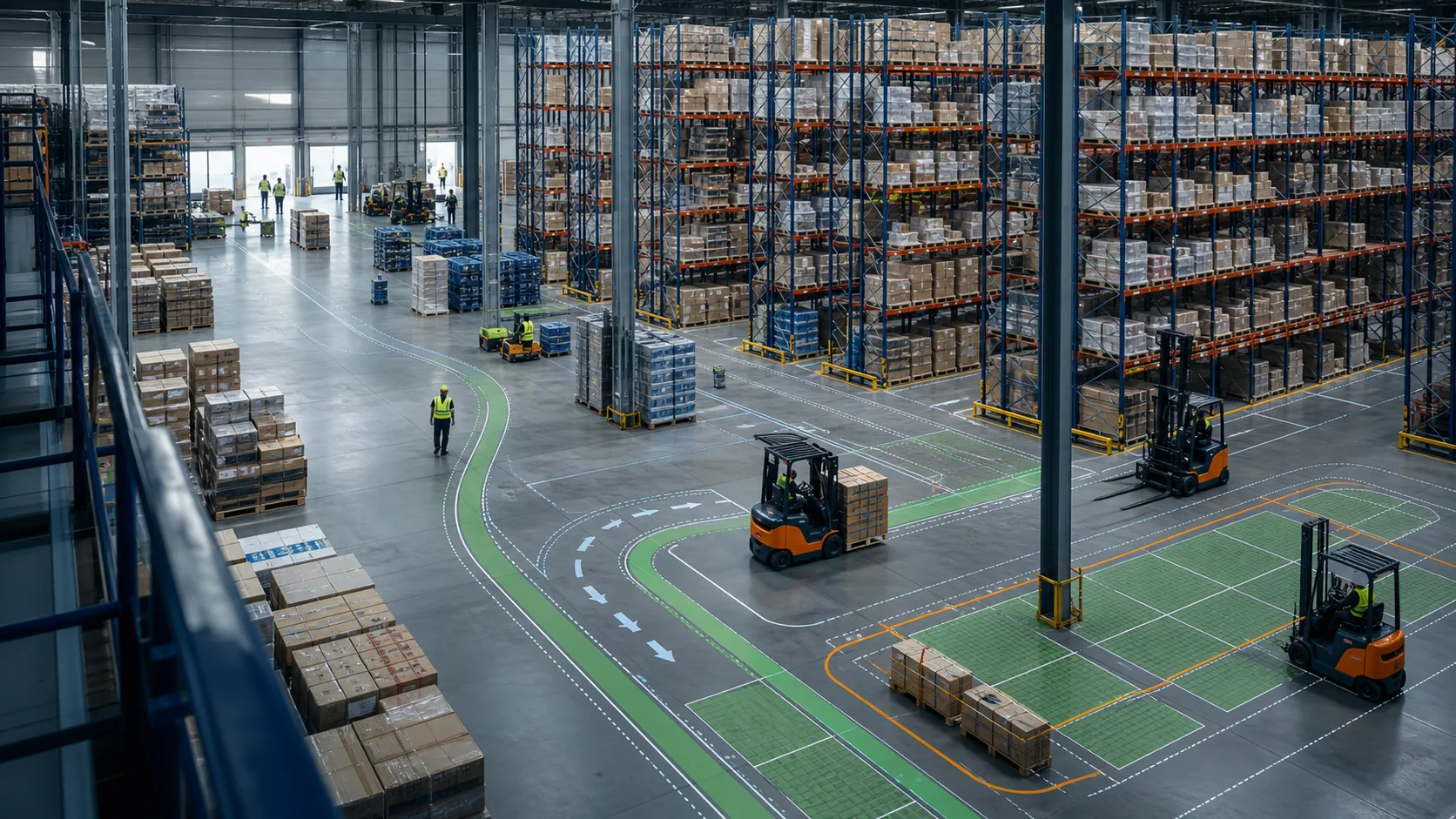 View from a gallery into a high-bay warehouse with forklifts, pallet stacks and colour-marked traffic routes