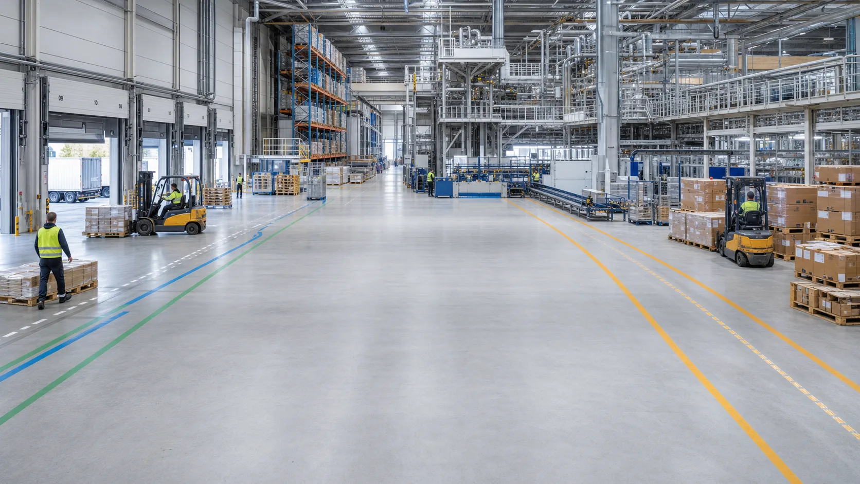 Factory hall with loading doors, forklifts and coloured floor lines separating routes and zones