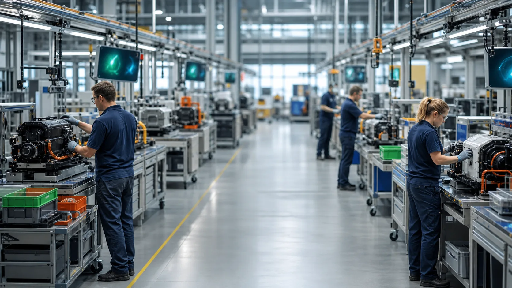 Manual assembly line with workbenches, screens and staff assembling modules